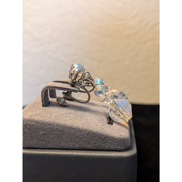 Unique Vintage Aurora Borealis AB Crystal Dangle Screw Back Earrings - Picture 5 of 7